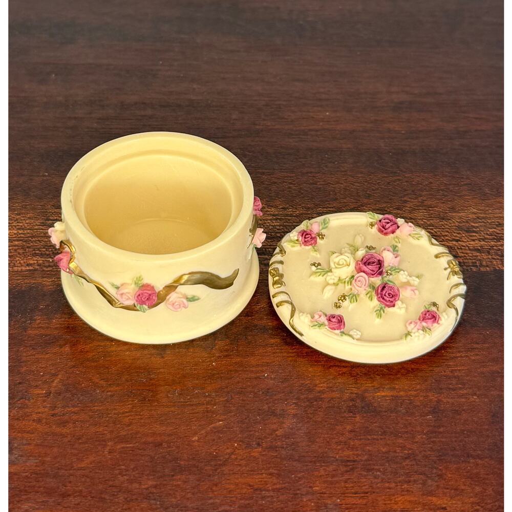 DeZine Floral Trinket Box 1990s Resin Keepsake Holder